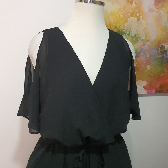 Portmans Size 14 Black Cold Shoulder V Neck Elasticated Waist Dress - Picture 2 of 11